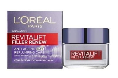 L' Oreal Revitalift Filler Anti Ageing Day Cream Replumping 50ml sisältää hyaluronihappoa.