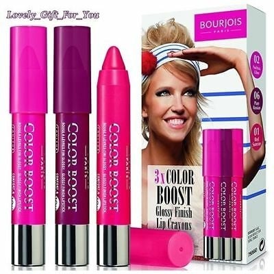 Bourjois Paris 3x Color Boost Glossy Finish Lip Crayons Fuchsia, Plum Russian, Red Sunrise -huulten värikynät