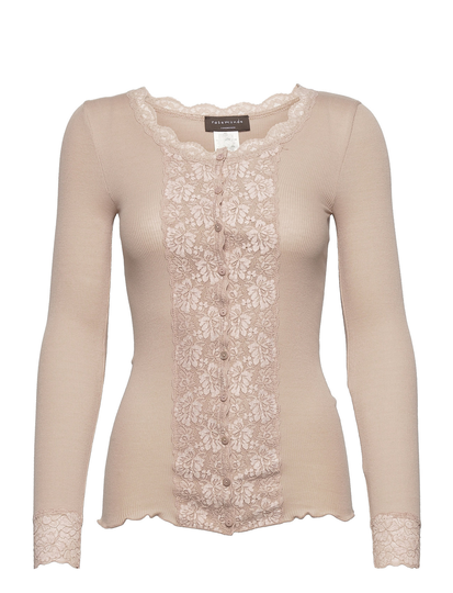 Organic Cardigan Ls W/Lace Neuletakki Beige Rosemunde