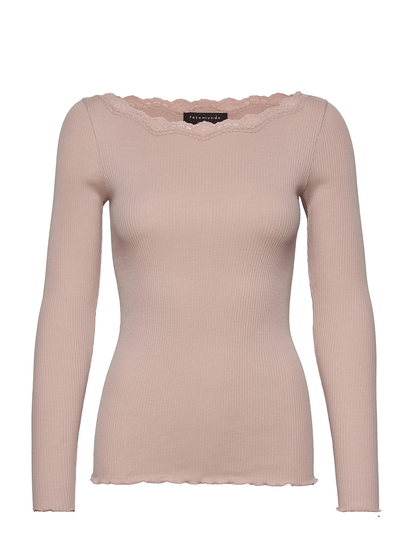 Organic T-Shirt W/Lace T-shirts & Tops Long-sleeved Vaaleanpunainen Rosemunde
