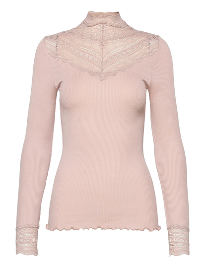 Silk T-Shirt W/ Lace Pitkähihainen Pusero Paita Vaaleanpunainen Rosemunde