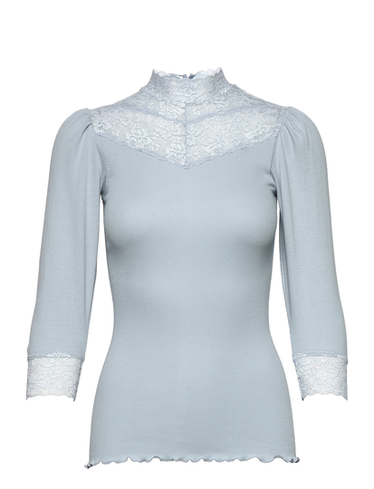 Organic T-Shirt W/ Lace T-shirts & Tops Long-sleeved Sininen Rosemunde