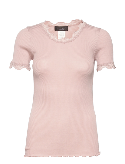 Silk T-Shirt W/Lace T-shirts & Tops Short-sleeved Vaaleanpunainen Rosemunde