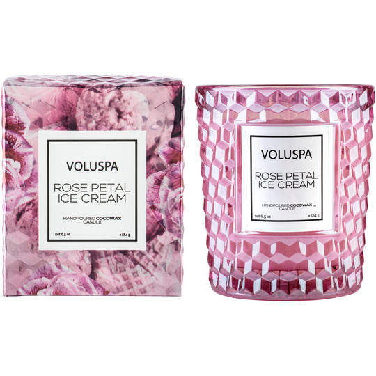 Voluspa Roses Rose Petal Ice Cream Boxed Textured Glass Candle 18