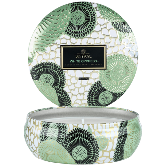 Voluspa Japonica Holiday Decorative 3-Wick tin Candle, White Cypr