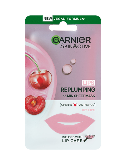 Skin Active Lips Replumping 15Min Cherry Sheet Mask Huultenhoito Nude Garnier