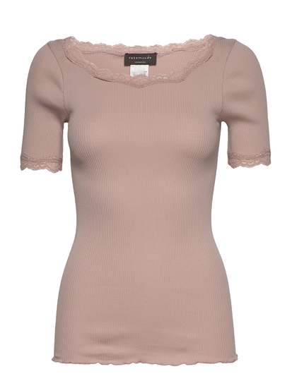 Organic T-Shirt W/ Lace T-shirts & Tops Short-sleeved Vaaleanpunainen Rosemunde