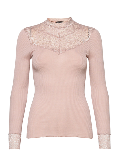 Silk T-Shirt W/ Lace T-shirts & Tops Long-sleeved Vaaleanpunainen Rosemunde