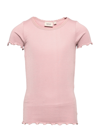 Rib T-Shirt Lace Ss T-shirts Short-sleeved Vaaleanpunainen Wheat