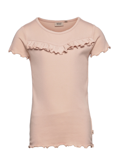T-Shirt Rib Ruffle Ss T-shirts Short-sleeved Vaaleanpunainen Wheat