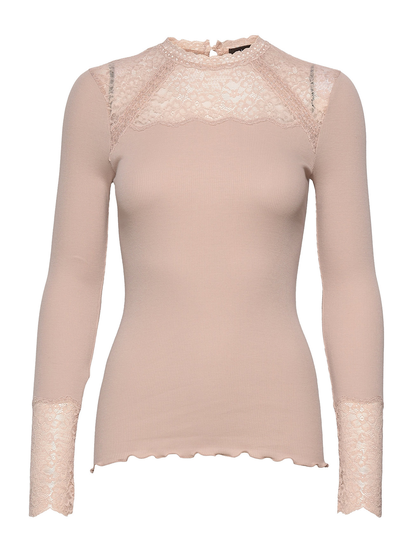 Organic T-Shirt Ls W/Lace T-shirts & Tops Long-sleeved Vaaleanpunainen Rosemunde