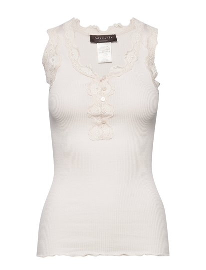 Silk Top W/Button & Lace T-shirts & Tops Sleeveless Kermanvärinen Rosemunde