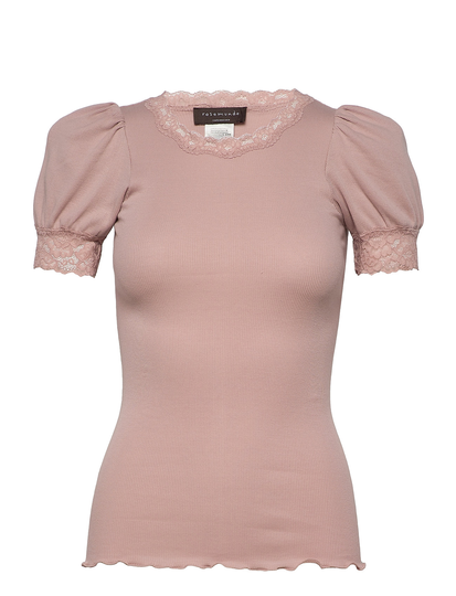 Organic T-Shirt Regular Ss W/Lace T-shirts & Tops Short-sleeved Vaaleanpunainen Rosemunde