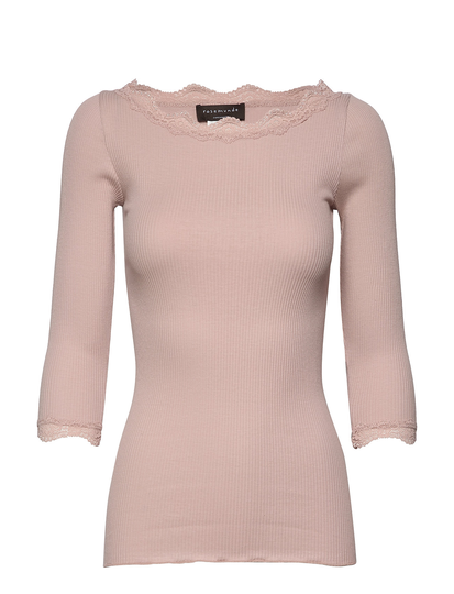 Organic T-Shirt Boat Neck W/Lace T-shirts & Tops Long-sleeved Vaaleanpunainen Rosemunde