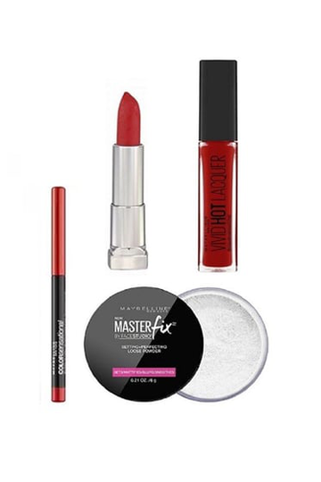 Maybelline Killer Red Lip Make Up Set Huulipuna, kiilto, rajauskynä ja Masterfix -meikkisarja